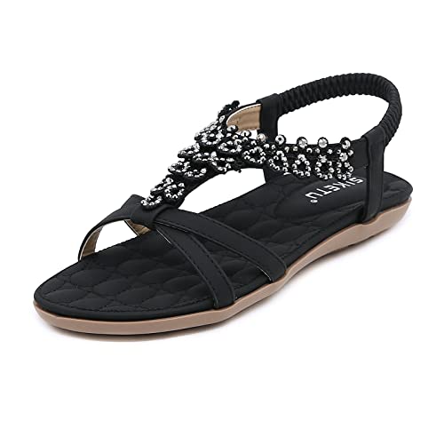 ZDQ Sandalen Damen Sommer Elegant Flach Bequem Sandaletten Frauen Outdoor Freizeit Bohemian Strand Schuhe mit Weich Fussbett Schwarz 41 EU = Herstellergröße 42 von ZDQ