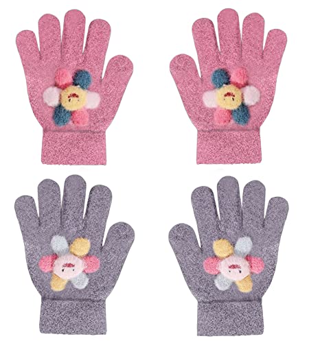 ZDQC 2 Paar Warme Strickhandschuhe Kinder, Süße Winter Fingerhandschuhe, Vollfinger Stretch Handschuhe (Blumen-A) von ZDQC