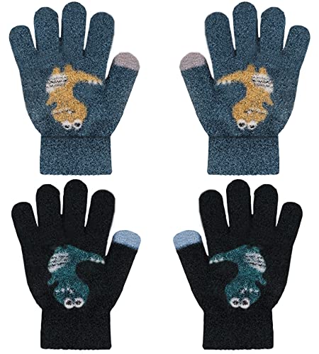 ZDQC 2 Paar Warme Strickhandschuhe Kinder, Süße Vollfinger Handschuhe, Winter Stretch Fingerhandschuhe (Dinosaurier-B) von ZDQC