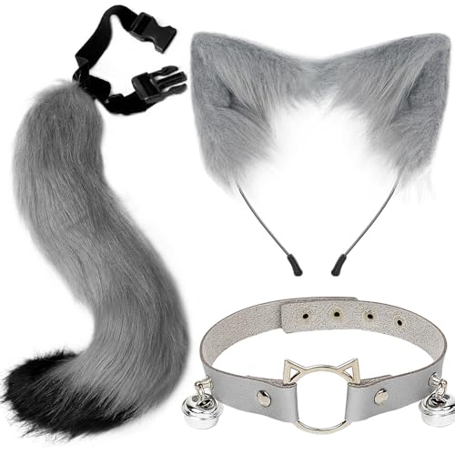 ZDQC Kunstpelz Fuchsschwanz,Katze Flauschiger Schwanz und Leder Halskette Set,Flauschige Katzenohren,Flauschige Fuchs Accessoire,Halloween Party Cosplay Kostüm Accessoire (Grau Schwarz) von ZDQC