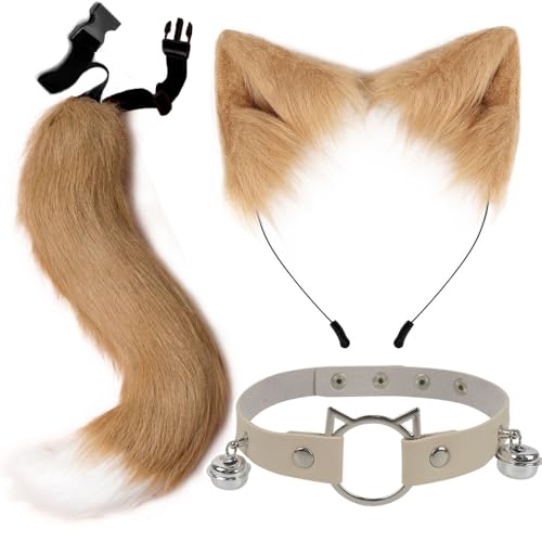 ZDQC Kunstpelz Fuchsschwanz,Katze Flauschiger Schwanz und Leder Halskette Set,Flauschige Katzenohren,Flauschige Fuchs Accessoire,Halloween Party Cosplay Kostüm Accessoire (Kaki) von ZDQC