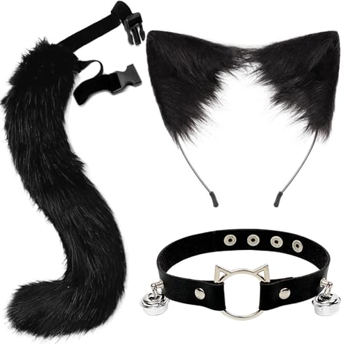 ZDQC Kunstpelz Fuchsschwanz,Katze Flauschiger Schwanz und Leder Halskette Set,Flauschige Katzenohren,Flauschige Fuchs Accessoire,Halloween Party Cosplay Kostüm Accessoire (Schwarz) von ZDQC