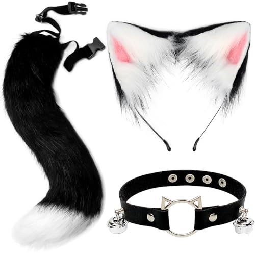ZDQC Kunstpelz Fuchsschwanz,Katze Flauschiger Schwanz und Leder Halskette Set,Flauschige Katzenohren,Flauschige Fuchs Accessoire,Halloween Party Cosplay Kostüm Accessoire (Schwarz Weiß) von ZDQC