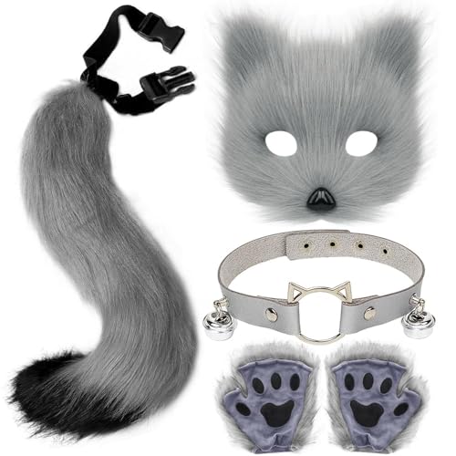 ZDQC Wolf Fox Schwanz,Halskette und Handschuh,Pelzige Fuchs Maske,Katze Fuchs Cosplay,Halloween Party Cosplay Kostüm Accessoire (Grau Schwarz) von ZDQC