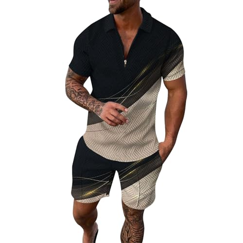 Herren Outfit Komplett Set Sportsachen 2-Teiliges Business Polo Hemd Set Kurzarm T-Shirts Kurze Hose Freizeitanzug Trainingsanzug von ZDSUHYIW