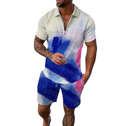 Herren Outfit Komplett Set Sportsachen 2-Teiliges Business Polo Hemd Set Kurzarm T-Shirts Kurze Hose Freizeitanzug Trainingsanzug von ZDSUHYIW