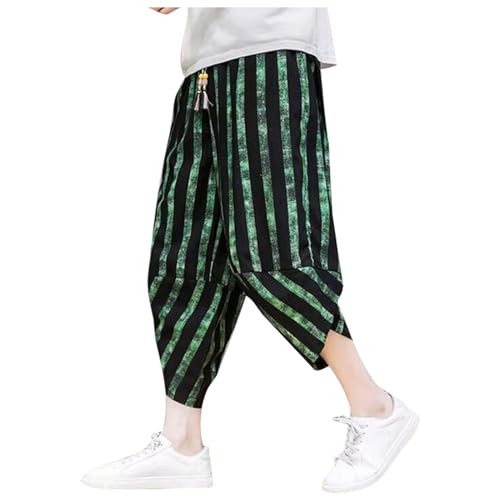 ZDSUHYIW Herren Leinenhose 3/4 Hose Streifen Haremshose Straight Leinen Freizeithose Goa Hip Hop Pumphose Geschnittene Harem Freizeithose Atmungsaktiv Jogging Sporthose von ZDSUHYIW