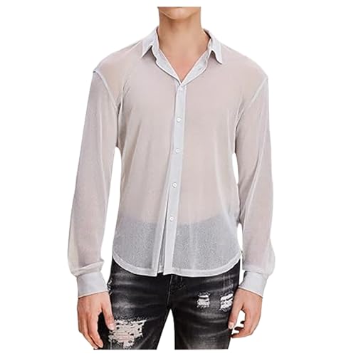 ZDSUHYIW Netzhemd Herren Langarm Hemd Netz Sommerhemd Mesh Transparent Netzshirt Atmungsaktive Bodybuilding Netzoberteil Sommer Sexy Freizeithemd Nachtclub Clubwear Oberteile von ZDSUHYIW