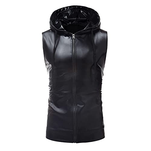 ZDSUHYIW PU Leder Weste Herren Kapuze Unterhemden Metallic Glänzend Hoodie Unterwäsche Ärmellos Tanktop Disco Karneval Unterhemd Kapuzensweatshirt Vest Reißverschluss Clubwear Tanktop von ZDSUHYIW