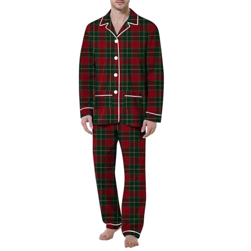 ZDSUHYIW Schlafanzüge Herren mit Bündchen Schlafanzug Kariert Lang Baumwolle Pyjama Winter Pyjama Langarm Schlafanzug mit Langarm Shirt Zweiteiliger Nachtwäsche Hausanzug von ZDSUHYIW