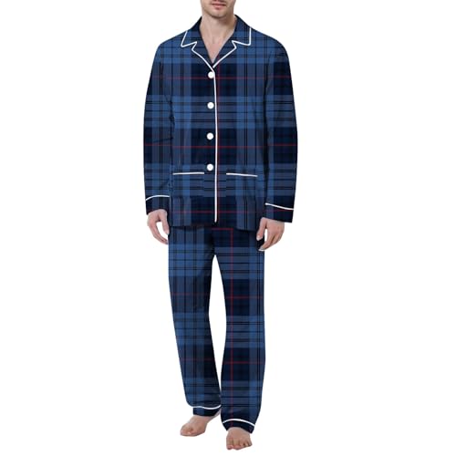 ZDSUHYIW Zweiteiliger Nachtwäsche Hausanzug Herren Schlafanzug Kariert Loungewear Pyjama mit Knopfleiste Langarm Nachtwäsche Pyjamas Set mit Langarm Shirt Zweiteiliger Nachtwäsche von ZDSUHYIW