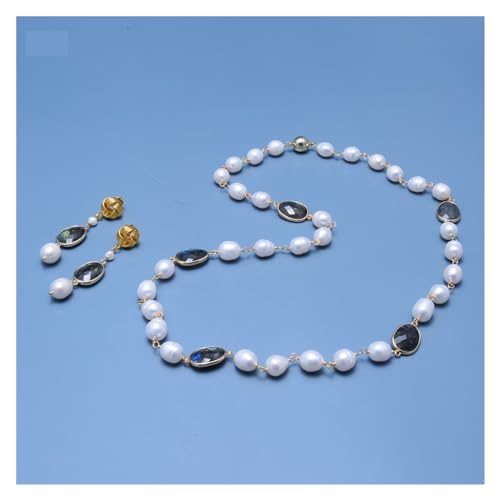ZDVHOMCB Schmuck Natürliche Weiße Reis Perle Rosenkranz Kette Labradorit Lünette Set Pullover kette Halskette Ohrringe Sets for Frauen (Sets) von ZDVHOMCB