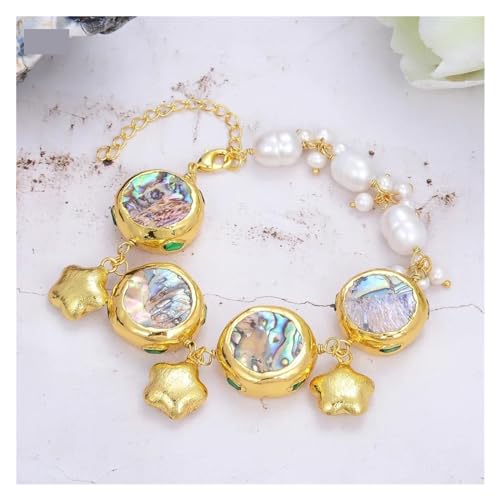 ZDVHOMCB Wickelarmband Abalone-Muschel in Regenbogenfarben mit kultivierten weißen Reisperlen, 20,3 cm von ZDVHOMCB