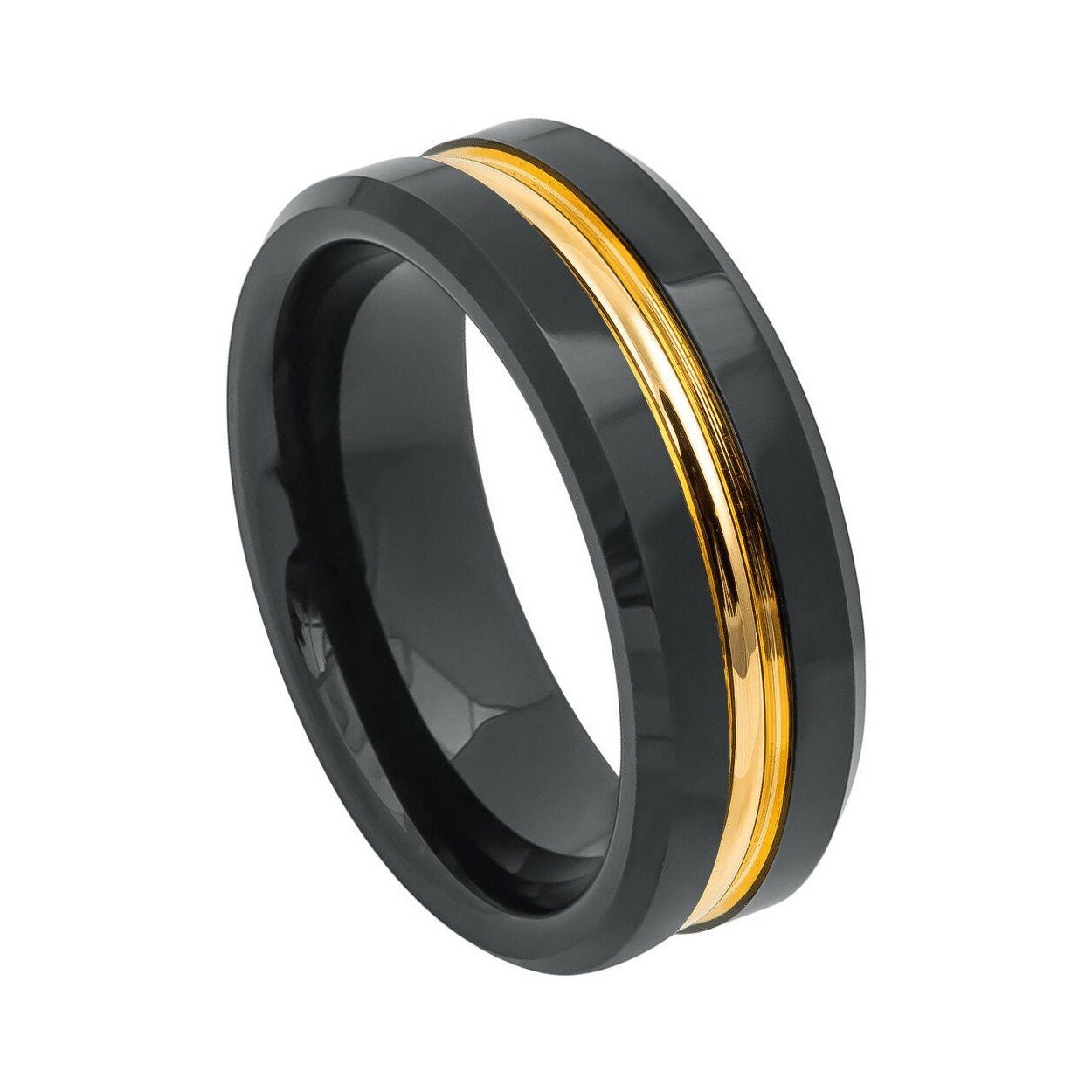 Wolfram Ring Gelb Gold Personalisierte Tungsten Band 8mm Grooved Black von ZDesignsUSA