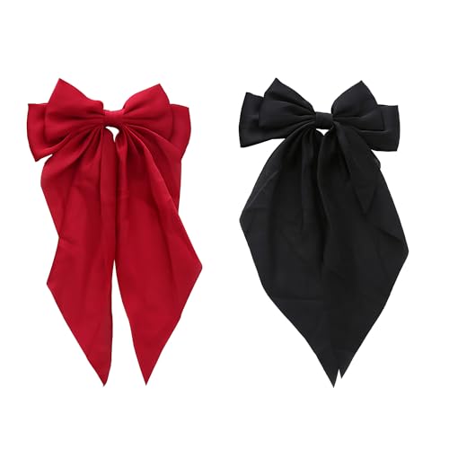 2 Stück Haarspangen Mit Schleife, Französische Haarnadel Mit langem Schwanz, Haarnadel mit Satinschleife, Geeignet für einfache Damen-Haarspangen für Mädchen (Schwarz, Rotwein Rot) von ZEACCT