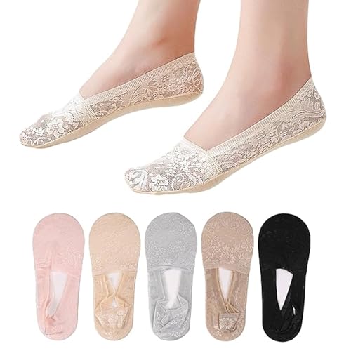 5 Paar Damen Spitze Unsichtbare Socken, Unsichtbare Damensocken mit Niedrigem Schnitt, Bootssocken, Rutschfeste Bootssocken aus Spitze, Damen-Bootssocken mit Spitze, für Schuhe mit Hohen Absätzen von ZEACCT