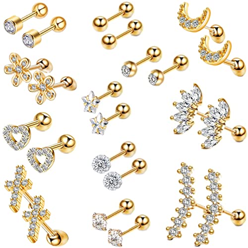 12 Paar Hypoallergenes Ohrstecker-Set Mond Gold Silber Ohr Piercing für Damen Edelstahl Piercing Ohr Set OhrringePiercings Ohr Knorpel Ohrringe Edelstahl Ohrstecker für Frauen Piercing Schmuck von ZEACCT