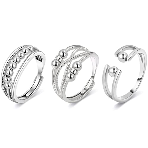 Verstellbare Anti Stress Ringe, Ringe für Damen, Angst Daumen Zappel Ring, Verstellbare Spinnerringe für Angst Damen, Angst Fidget Ringe, Anti Angst Mode Ring mit Perlen Schmuck, Anxiety Ring Silber von ZEACCT