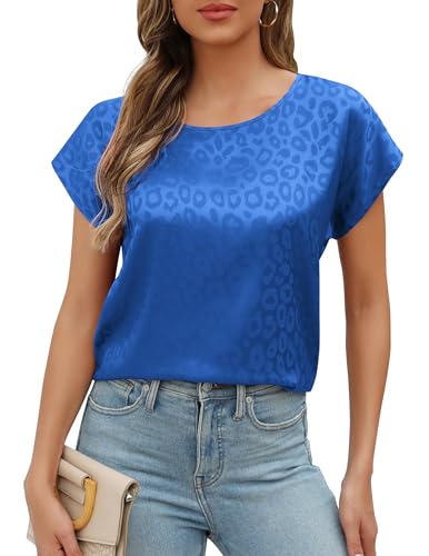 ZEAGOO Bluse Damen Satin Rundhals Kurzarmbluse Elegant Business Oberteile Royal Blau mit Casual Printing Lose Tops, M von ZEAGOO