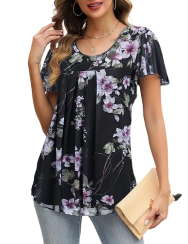 Zeagoo Damen Falten Blusen Rüschenärmel Elegant Tunika Shirts Rundhals Mesh Doppellagige Oberteile Sommer Pat1 XXXL von Zeagoo