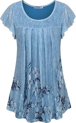 ZEAGOO Blusen Damen Elegant Kurzarm Damenbluse Falten Tunika Longshirt Sommer Rüschen Ärmel Blumen Chiffon Bluse Oberteile Doppellagige Blusentops PAT3 3XL von ZEAGOO