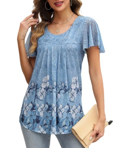 Zeagoo Damen Falten Blusen Rüschenärmel Elegant Tunika Shirts Rundhals Mesh Doppellagige Oberteile Sommer Pat3 XXXL von Zeagoo
