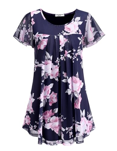 ZEAGOO Blusen Damen Elegant Kurzarm Damenbluse Falten Tunika Longshirt Sommer Rüschen Ärmel Blumen Chiffon Bluse Oberteile Doppellagige Blusentops PAT5 3XL von ZEAGOO