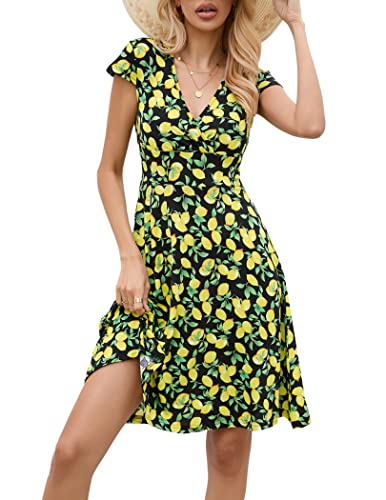 ZEAGOO Damen A Linie Kleid Elegant Sommerkleider Kurzarm Freizeitkleid Blumen Kielang Swing Stretchy Kleider M 38 von ZEAGOO