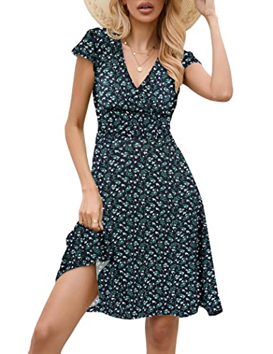 ZEAGOO Damen Blümchenkleid A Linie Jersey Blumenkleid Sommerkleid Knielang Kurzarm Floral Sexy Freizeitkleider Blumenmuster Sommer Leicht M 38 von ZEAGOO