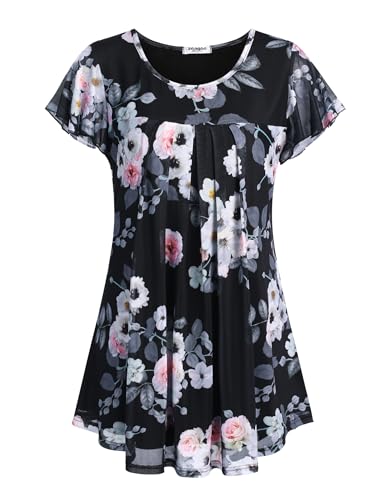 ZEAGOO Damen Bluse Chiffon Kurzarm Blumen Tunika Elegant Blusenshirt Falten Blusentops Kurzarm Sommerblusen Doppellagig Longshirt Rundhals Lässiger Oberteile PAT2 XXL von ZEAGOO