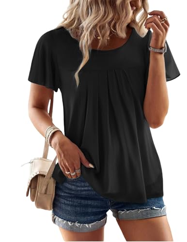 Zeagoo Bluse Damen Elegant Kurzarm Rundhals Top Blumen Mesh Oberteile Rüschenärmel Blusenshirt Schwarz XXL von Zeagoo