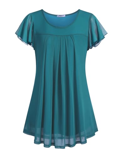 ZEAGOO Damen Bluse Chiffon Kurzarm Blumen Tunika Elegant Blusenshirt Falten Blusentops Kurzarm Sommerblusen Doppellagig Longshirt Rundhals Lässiger Oberteile Türkis XXL von ZEAGOO