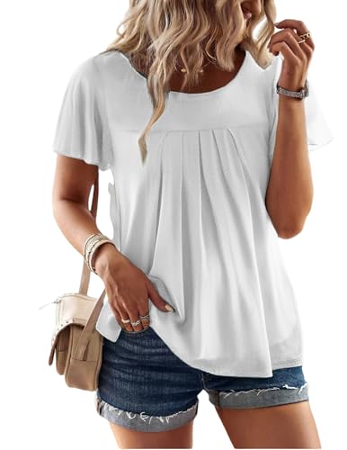 Zeagoo Damen Falten Blusen Rüschenärmel Elegant Tunika Shirts Rundhals Mesh Doppellagige Oberteile Sommer Weiß XXL von Zeagoo