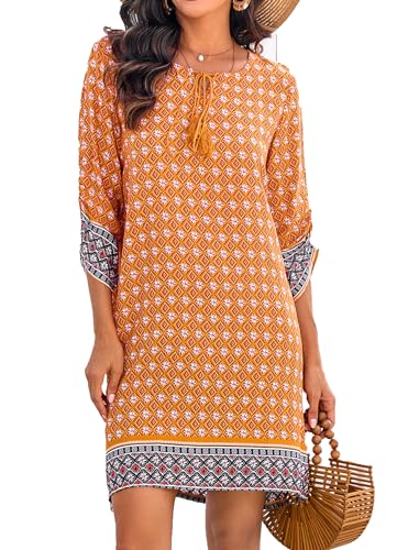 ZEAGOO Damen Bohemian Tunika Kleid Strandkleid Sommerkleider Vintage Strandtunika 3/4-Arm V-Ausschnitt Kleid Blumenmuster Orange XL Tunikakleider Kurzes Tops von ZEAGOO