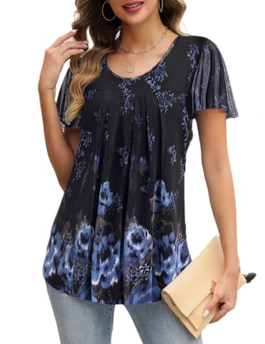 Zeagoo Damen Elegant Bluse Kurzarm Rüschenärmel Tunika Rundhals Blusen Shirts Sommer Plissiert Oberteil Pat4 XL von Zeagoo