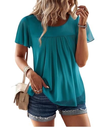 Zeagoo Damen Elegant Bluse Kurzarm Rüschenärmel Tunika Rundhals Blusen Shirts Sommer Plissiert Oberteil Türkis XL von Zeagoo