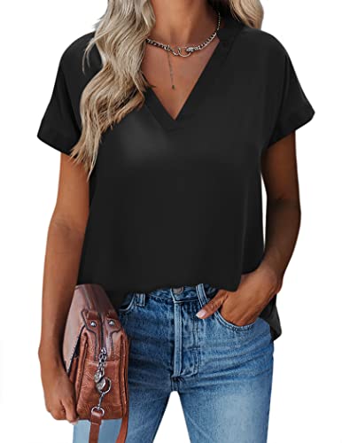 ZEAGOO Damen Chiffon T-Shirt Elegant V-Ausschnitt Tunika Shirt Locker Kurzarmshirt Loose fit Schwarz S von ZEAGOO