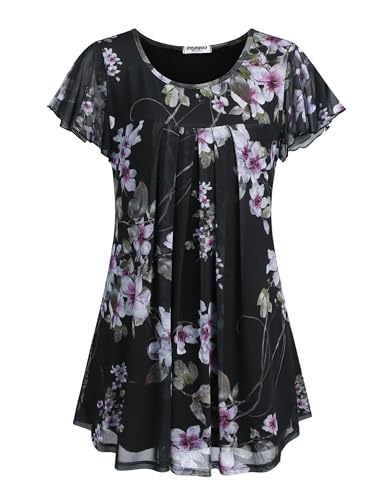 ZEAGOO Damen Chiffon Tunika Elegant Bluse Blumen Blusentops Rüschen Ärmel Longshirt Rundhals Tunika Doppellagig Blusenshirt Falten Oberteil PAT1 M von ZEAGOO