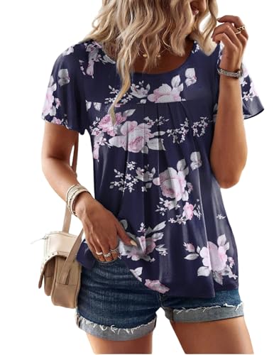 Zeagoo Damen Chiffon Bluse Kurzarm Rüschenärmel Shirt Elegant Rundhals Oberteile Plissiert Tunika Tops Pat5 S von Zeagoo