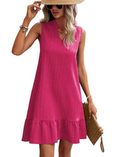 ZEAGOO Damen Kleid Ärmellos Sommer Tank T-Shirt V Ausschnitt Kleid Elegant Freizeitkleid Magenta M von ZEAGOO