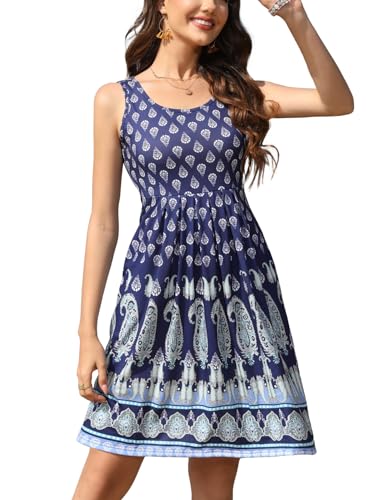 ZEAGOO Damen Kleid Freizeitkleid Sommerkleid Ärmellos Strandkleid Mini Boho Tank Kleid Rundhals Blumen Kleid mit Taschen Knielang Kleid Navyblau M von ZEAGOO