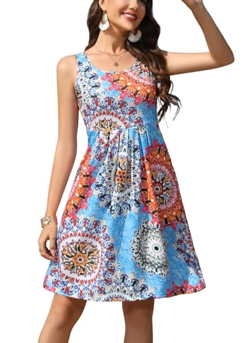 ZEAGOO Damen Kleid Kurze Strandkleider Bohemian Blumen Sommerkleider A Linie Tank Kleid Lässig Kleider mit Taschen Himmelblau XXL von ZEAGOO