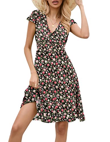 Zeagoo Damen Kleider Blumen Sommerkleider Knielang Jersey Blümchenkleid V Asuschnitt Wickelkleid Kurzarm Sommer Schwarz S 36 von Zeagoo