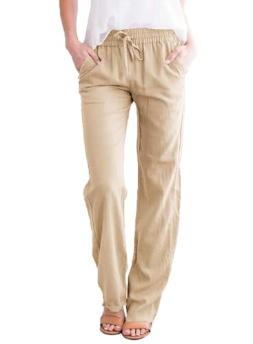 Zeagoo Leinenhose Damen Sommer Musselin Baumwolle Hose Stoffhose Einfarbige High Waist Freizeithose Leichte Strandhose Sommerhose mit Taschen Khaki L von Zeagoo