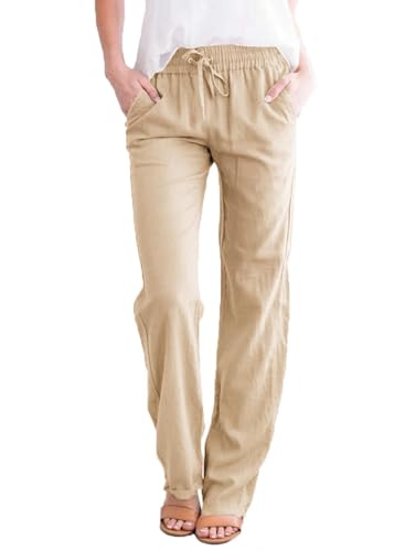 ZEAGOO Damen Sommer Hose Lang Freizeithose Einfarbig High Waist Weite Hosen Leicht Leinenhose Sommerhose mit Taschen Khaki XL von ZEAGOO