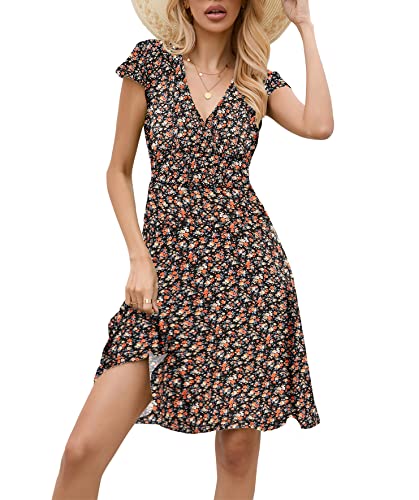 ZEAGOO Damen Sommerkleider Blumen Knielang Blümchenkleid V Ausschnitt Jersey Kleider Floral A Linie Tailliert Festlich Strandkleid S 36 von ZEAGOO