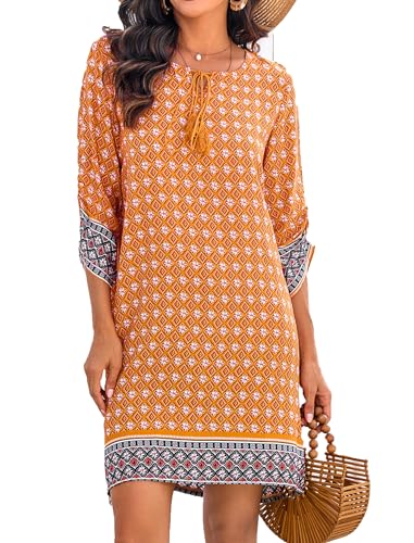 Zeagoo Damen Strandkleid Sommer lässig 3/4-Arm Tunika Kleid Bohemian Strandtunika Vertuschung Orange L von Zeagoo