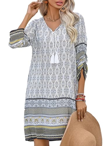 ZEAGOO Damen Tunika Kleid Bohemian Strandkleid Sommerkleider Vintage Strandtunika 3/4-Arm V-Ausschnitt Kleid Blumenmuster Weiß L Tunikakleider Kurzes Tops von ZEAGOO