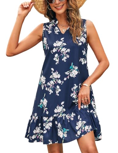 ZEAGOO Damen V-Ausschnitt Sommerkleid Floral Ärmellos T-Shirt Tank Top Kleider A Linie Swing Kleid Knielang Rüschenkleid Blumen M von ZEAGOO