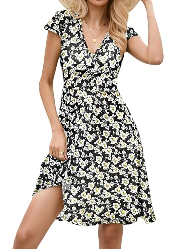 ZEAGOO Damen Wickelkleid Blumen Kurzarm Blümchenkleid A Linie Knielang Elegant Sommer Jersey Kleider Floral Tailliert Sexy Damenkleider Blumenmuster 44 XXL von ZEAGOO